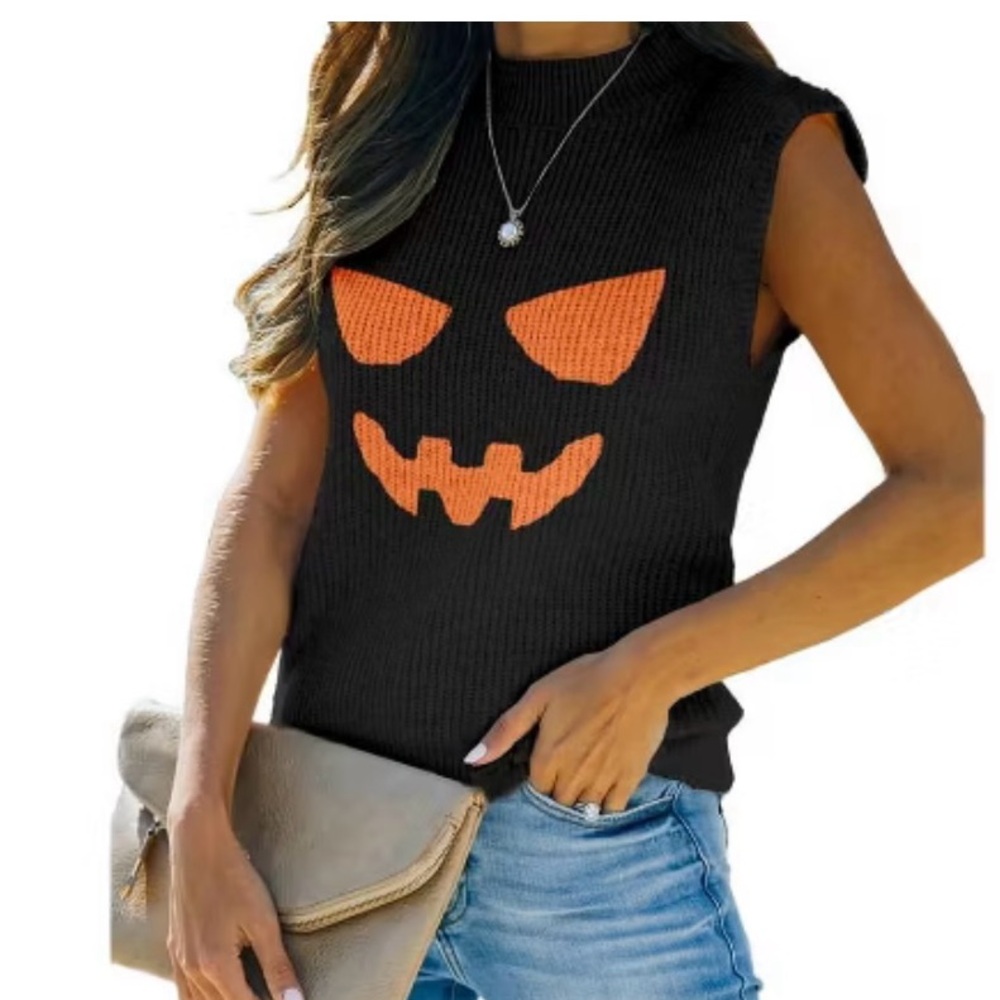 Halloween Jack O Lantern Pullover Sweater Vest Top Black and Orange Size S